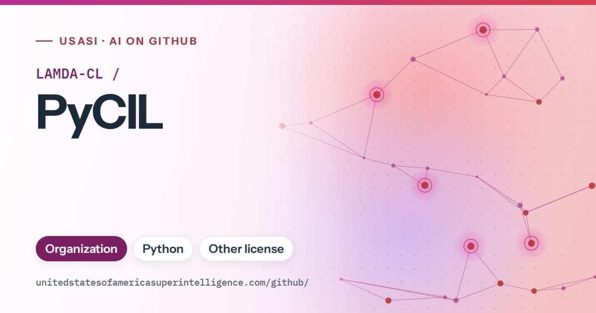 Generated purple constellation network artwork for LAMDA-CL/PyCIL, labeled USASI · AI on GitHub, with Organization · Python · Other license.