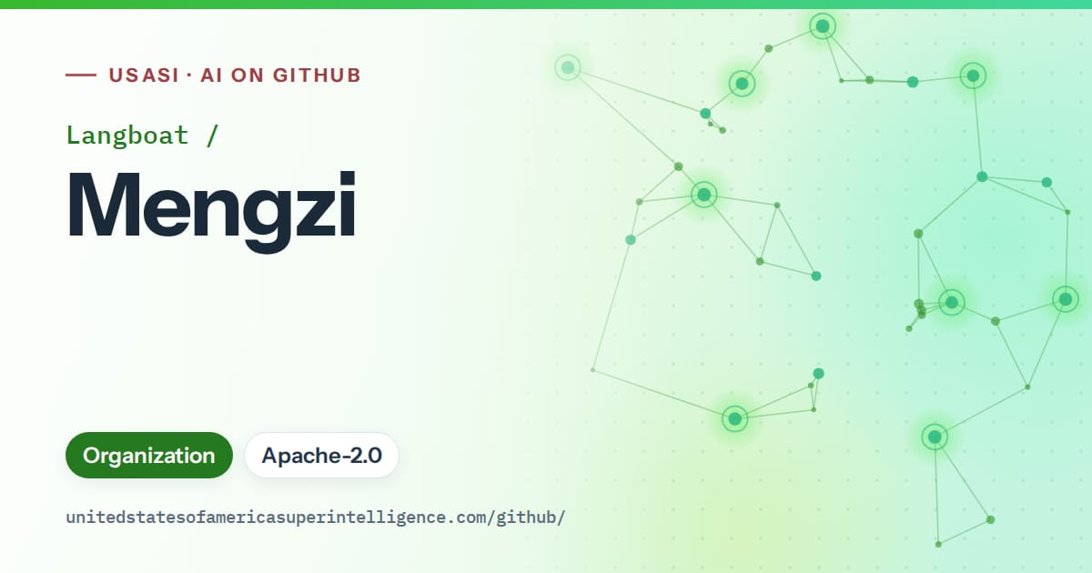 Generated green constellation network artwork for Langboat/Mengzi, labeled USASI · AI on GitHub, with Organization · Apache-2.0.