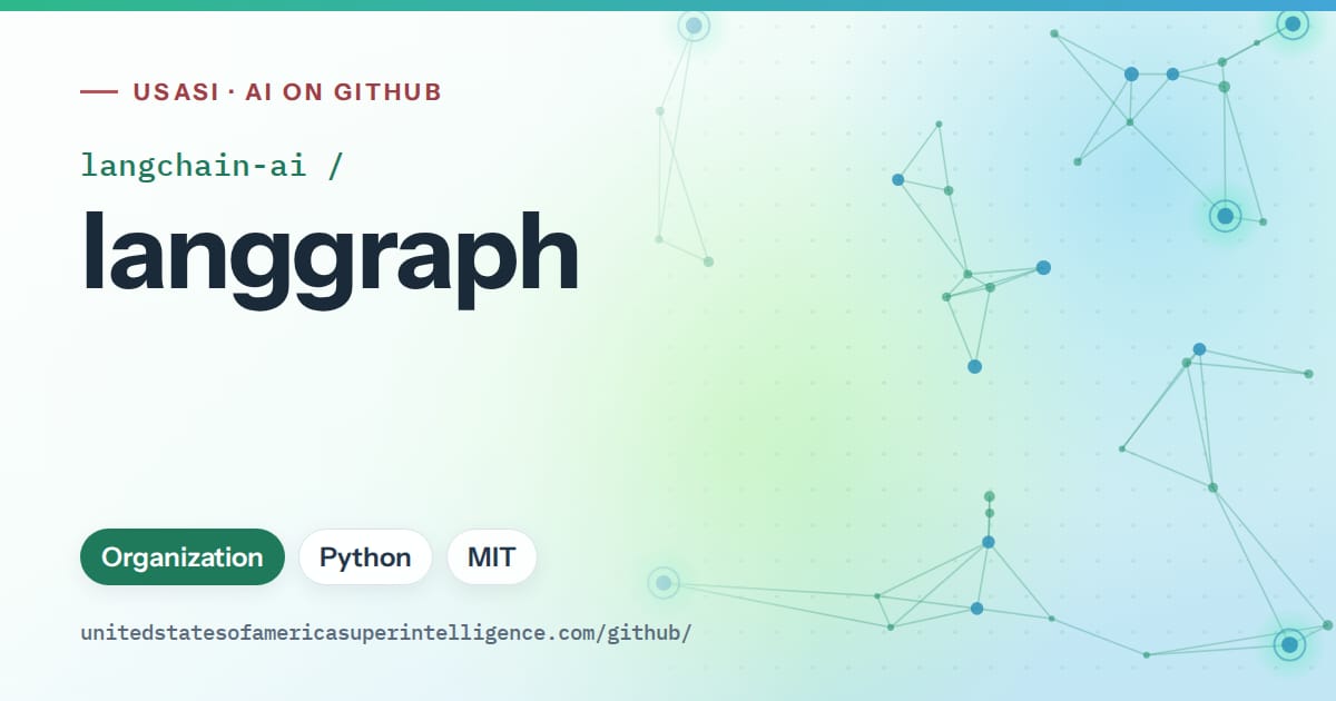 Generated teal constellation network artwork for langchain-ai/langgraph, labeled USASI · AI on GitHub, with Organization · Python · MIT.