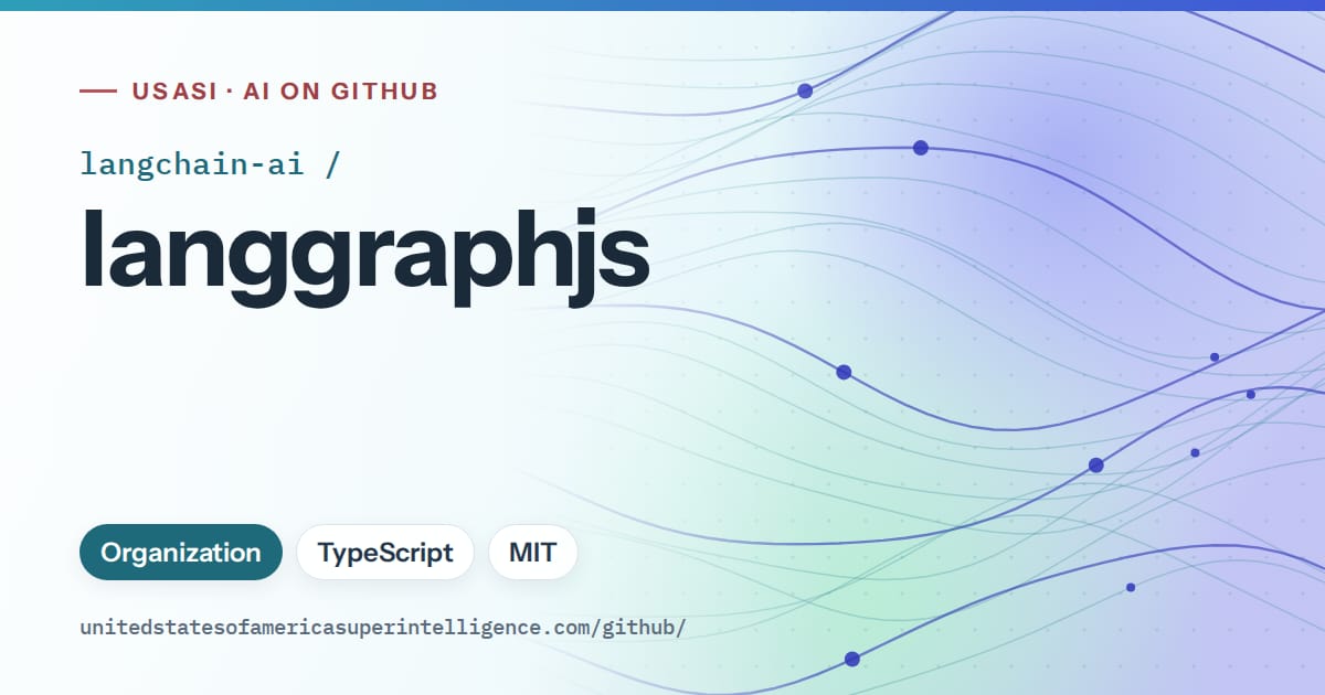 Generated sky blue flowing-wave artwork for langchain-ai/langgraphjs, labeled USASI · AI on GitHub, with Organization · TypeScript · MIT.