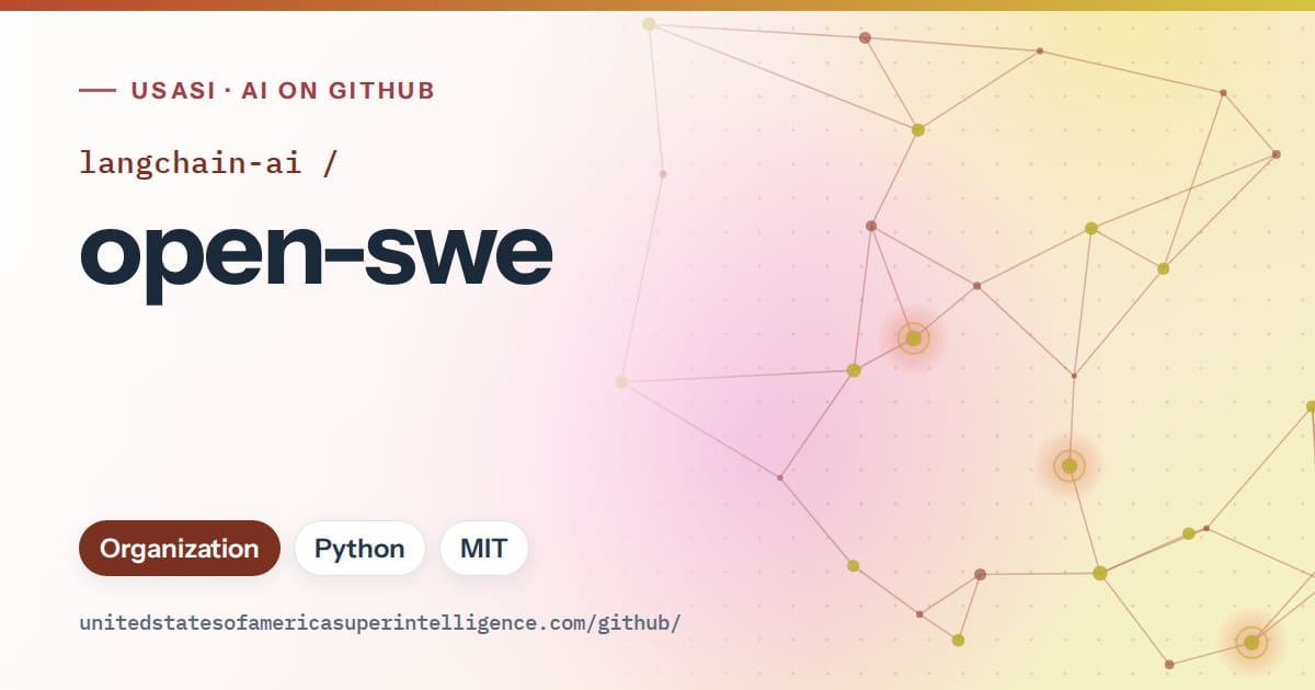 Generated red constellation network artwork for langchain-ai/open-swe, labeled USASI · AI on GitHub, with Organization · Python · MIT.