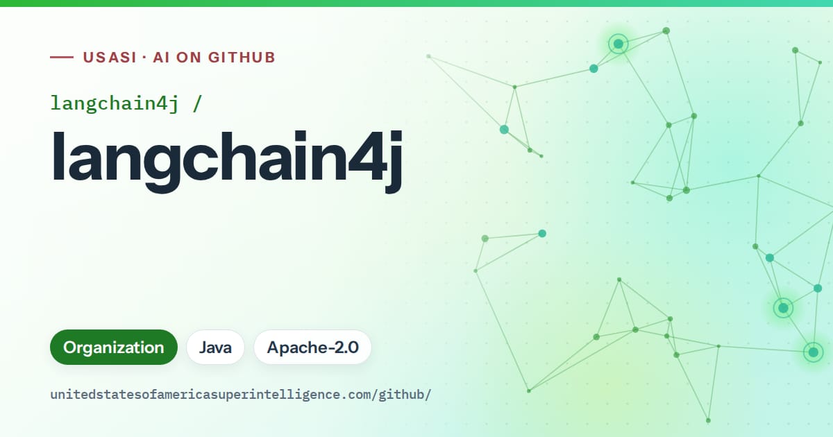 Generated green constellation network artwork for langchain4j/langchain4j, labeled USASI · AI on GitHub, with Organization · Java · Apache-2.0.