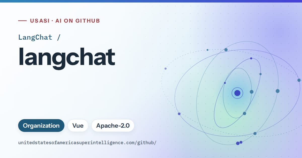 Generated sky blue orbit artwork for LangChat/langchat, labeled USASI · AI on GitHub, with Organization · Vue · Apache-2.0.