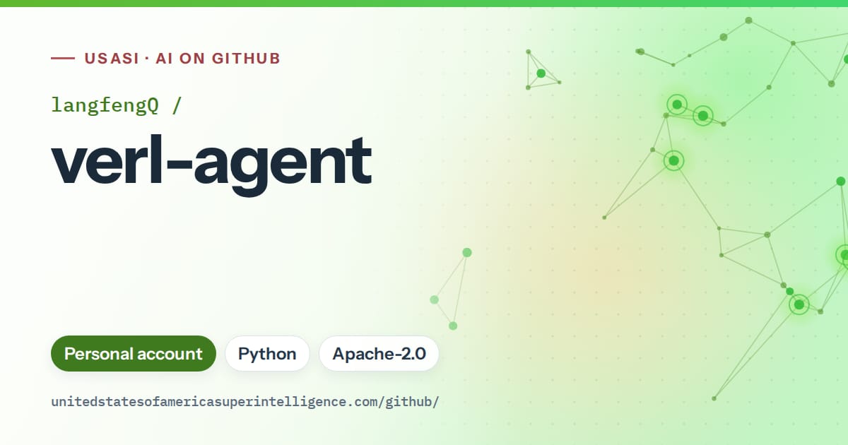 Generated green constellation network artwork for langfengQ/verl-agent, labeled USASI · AI on GitHub, with Personal account · Python · Apache-2.0.