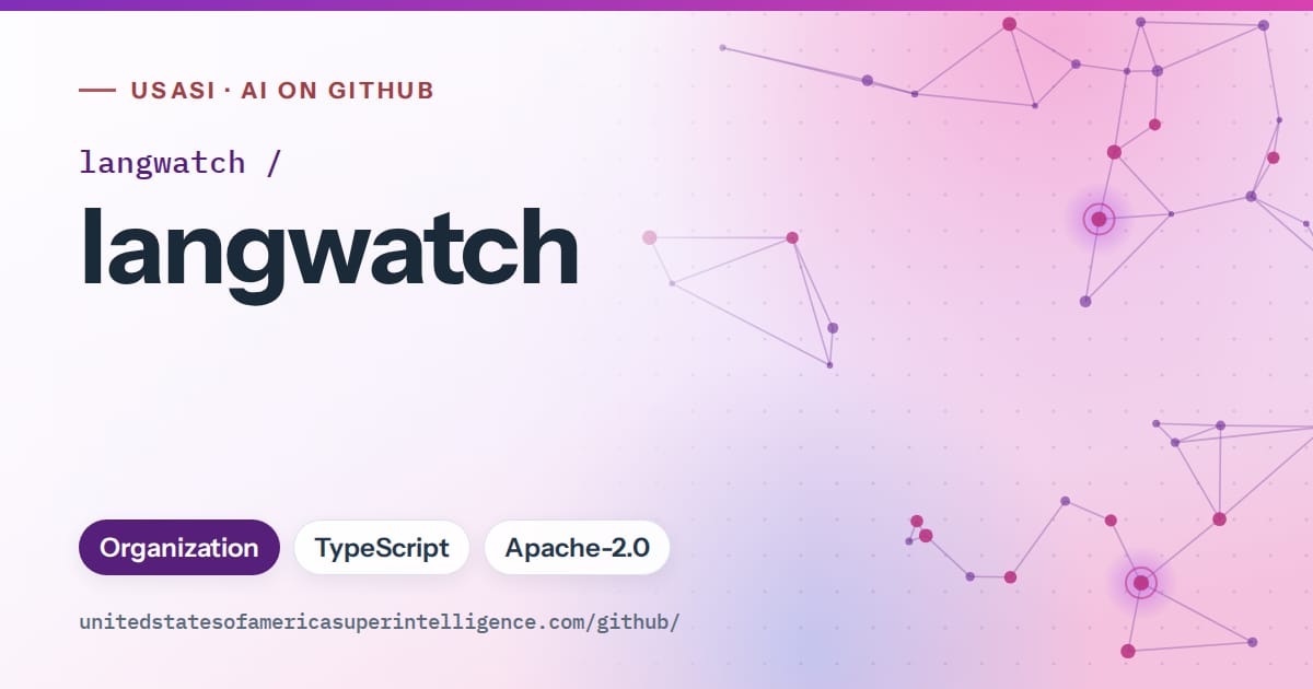 Generated violet constellation network artwork for langwatch/langwatch, labeled USASI · AI on GitHub, with Organization · TypeScript · Apache-2.0.