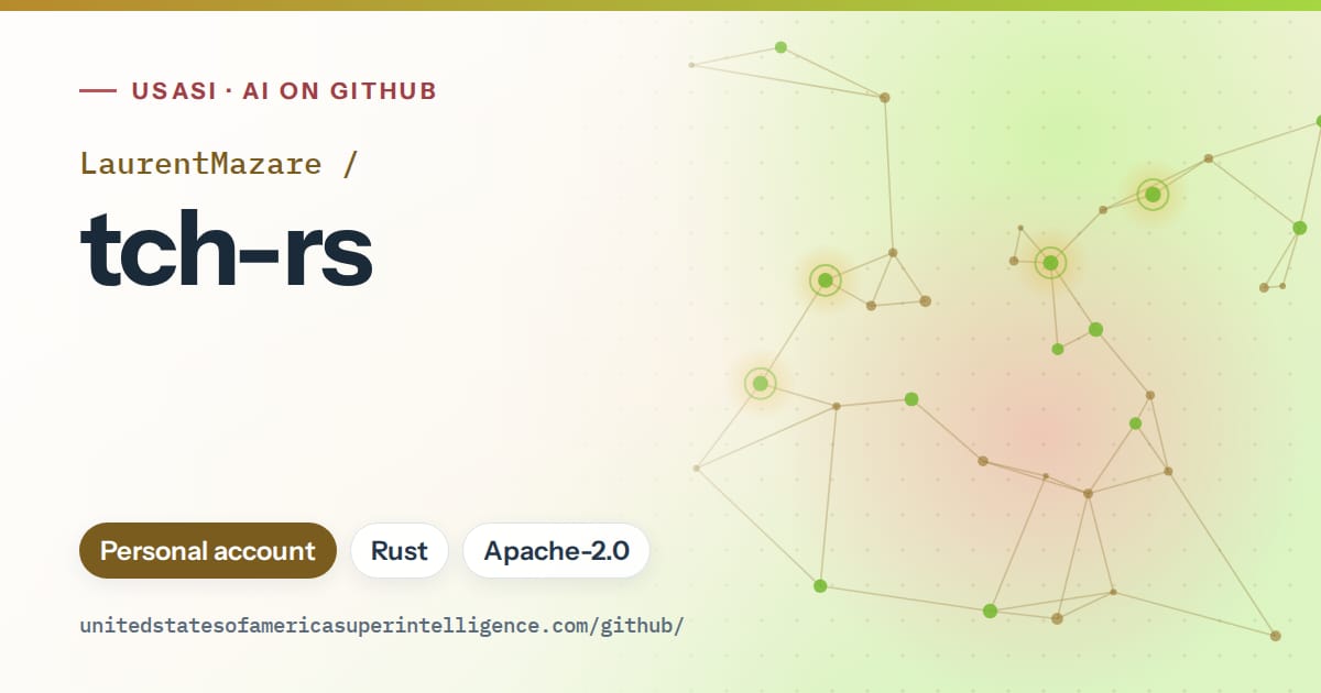 Generated orange constellation network artwork for LaurentMazare/tch-rs, labeled USASI · AI on GitHub, with Personal account · Rust · Apache-2.0.