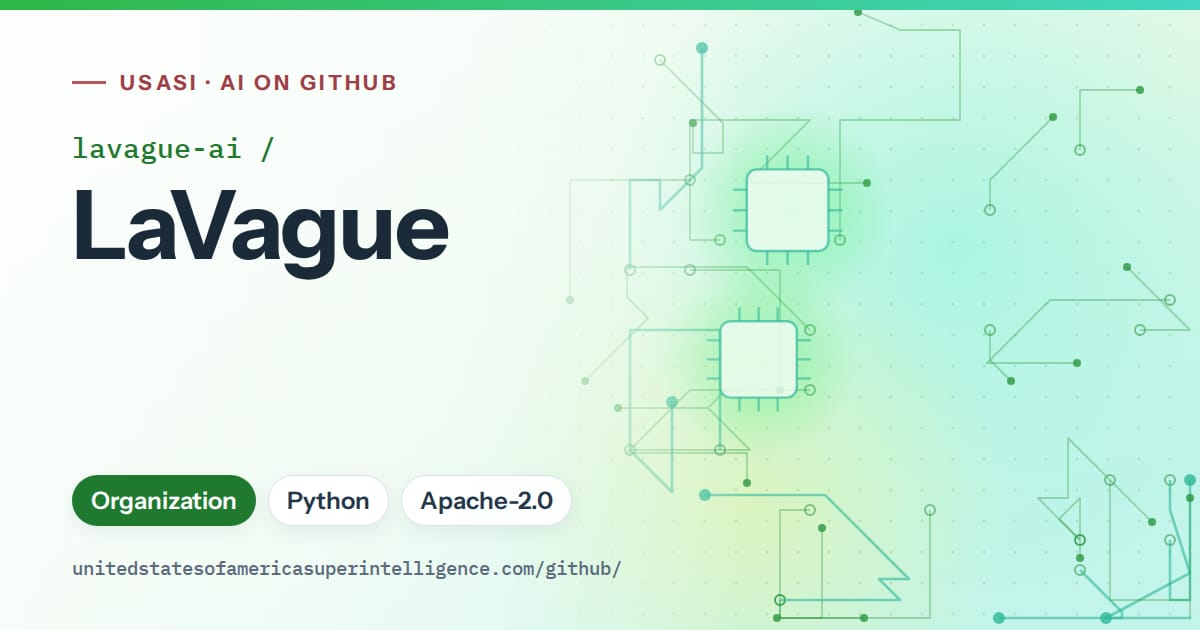 Generated green circuit-trace artwork for lavague-ai/LaVague, labeled USASI · AI on GitHub, with Organization · Python · Apache-2.0.