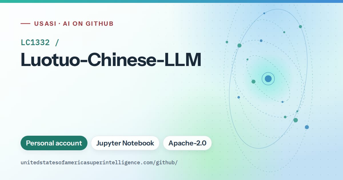 Generated teal orbit artwork for LC1332/Luotuo-Chinese-LLM, labeled USASI · AI on GitHub, with Personal account · Jupyter Notebook · Apache-2.0.