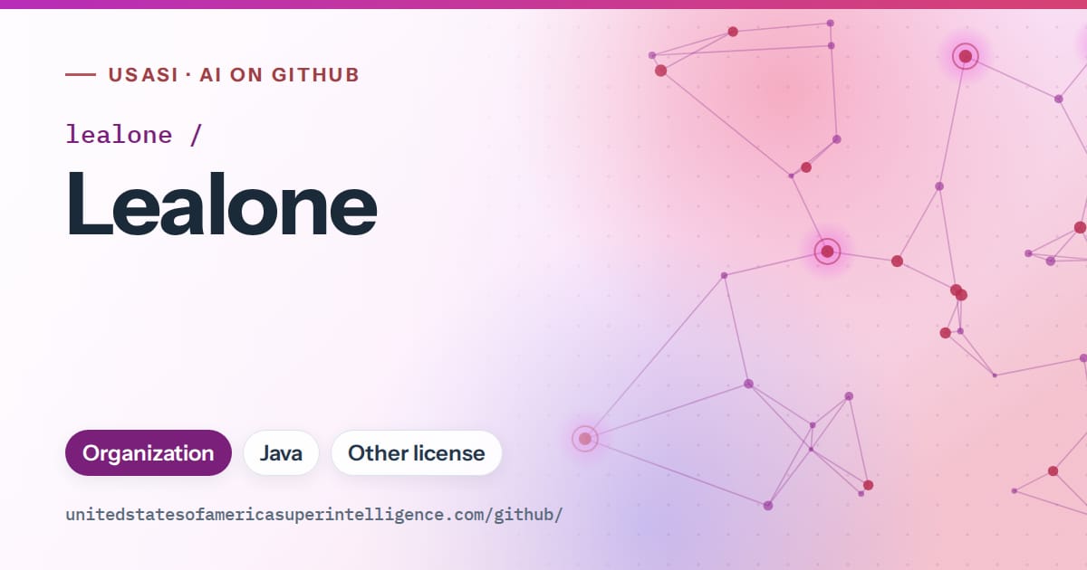 Generated purple constellation network artwork for lealone/Lealone, labeled USASI · AI on GitHub, with Organization · Java · Other license.