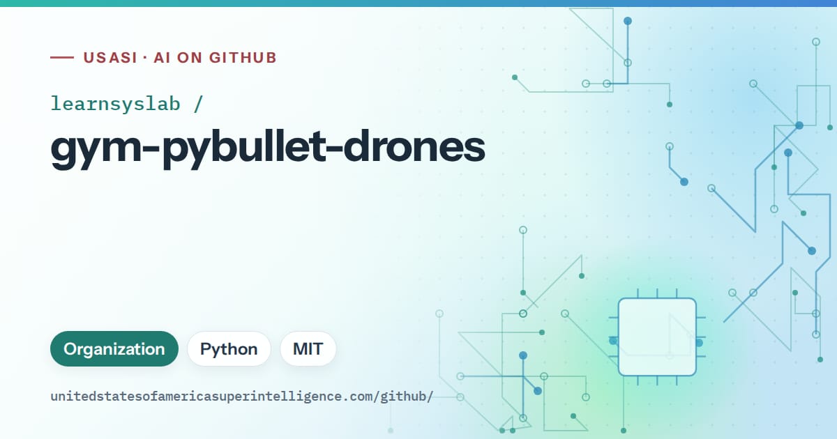 Generated teal circuit-trace artwork for learnsyslab/gym-pybullet-drones, labeled USASI · AI on GitHub, with Organization · Python · MIT.
