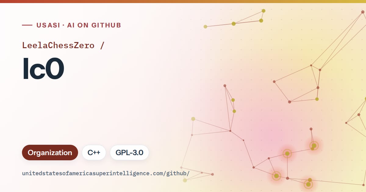 Generated red constellation network artwork for LeelaChessZero/lc0, labeled USASI · AI on GitHub, with Organization · C++ · GPL-3.0.