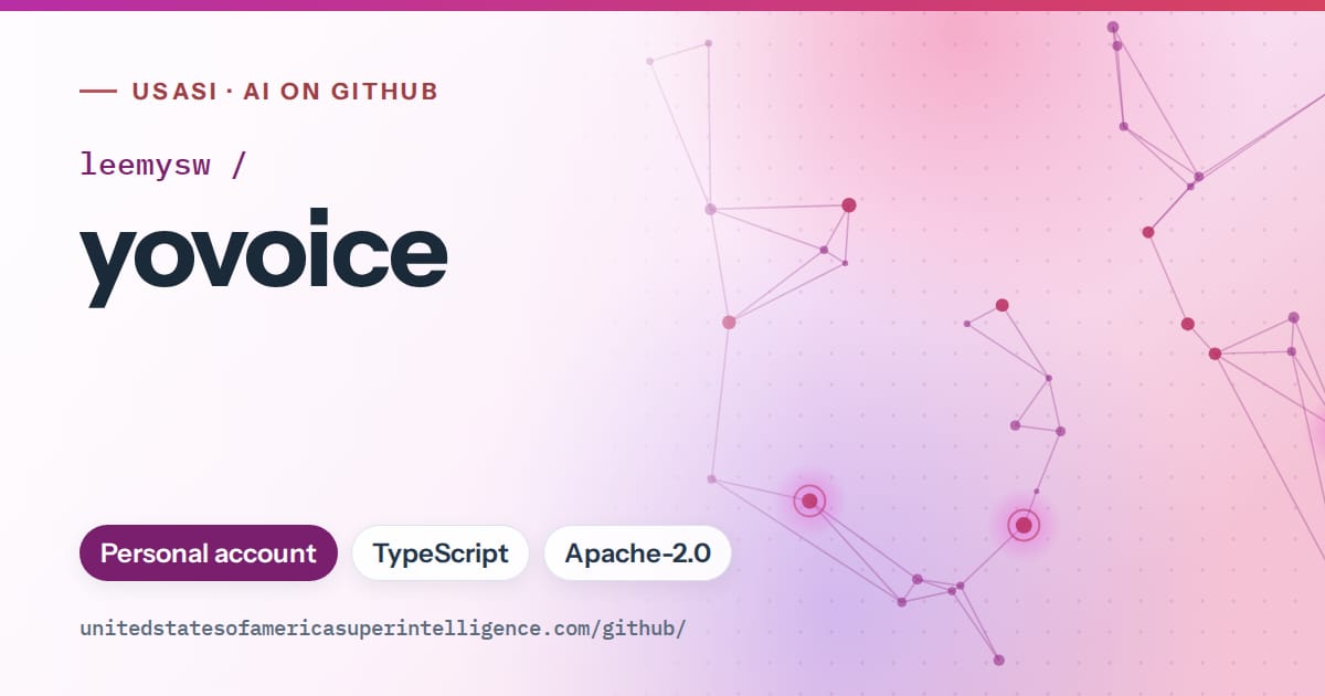 Generated purple constellation network artwork for leemysw/yovoice, labeled USASI · AI on GitHub, with Personal account · TypeScript · Apache-2.0.