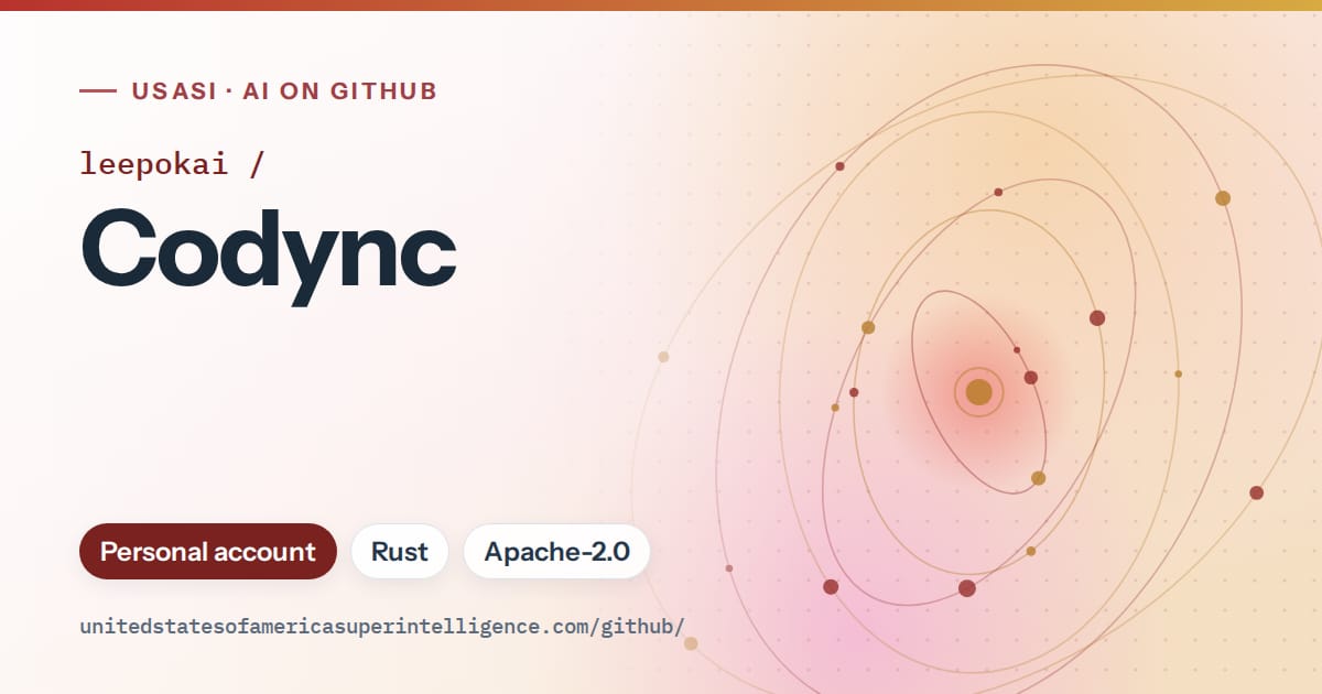 Generated red orbit artwork for leepokai/Codync, labeled USASI · AI on GitHub, with Personal account · Rust · Apache-2.0.