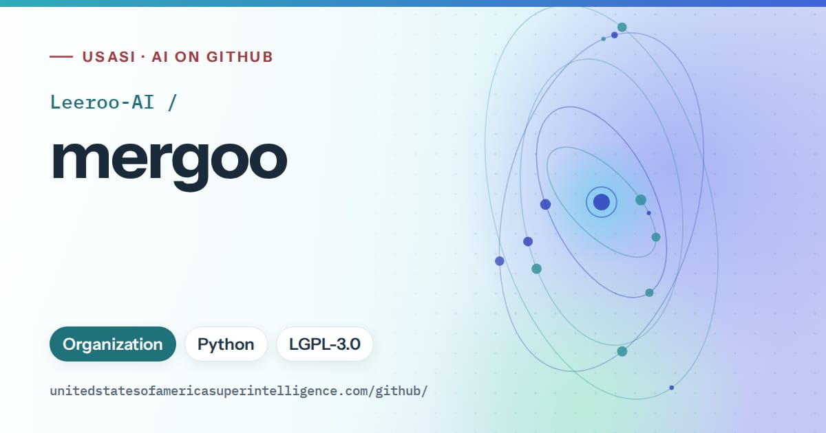 Generated teal orbit artwork for Leeroo-AI/mergoo, labeled USASI · AI on GitHub, with Organization · Python · LGPL-3.0.