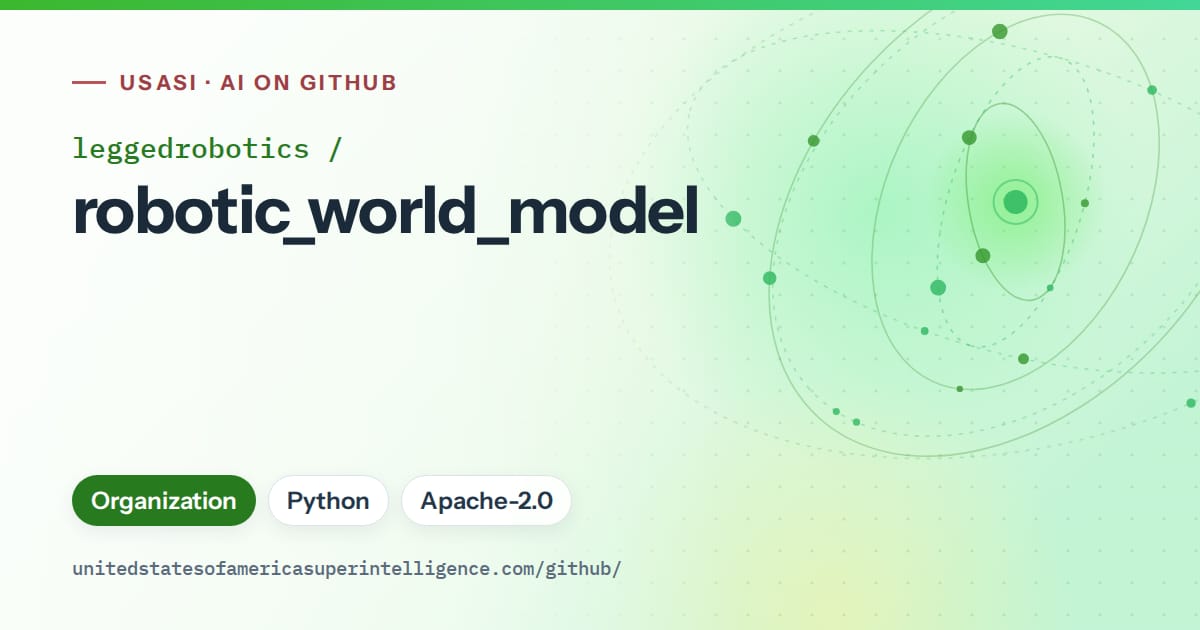 Generated green orbit artwork for leggedrobotics/robotic_world_model, labeled USASI · AI on GitHub, with Organization · Python · Apache-2.0.