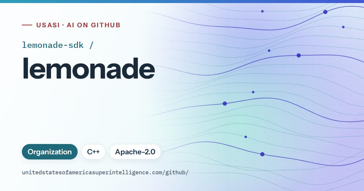 Generated sky blue flowing-wave artwork for lemonade-sdk/lemonade, labeled USASI · AI on GitHub, with Organization · C++ · Apache-2.0.