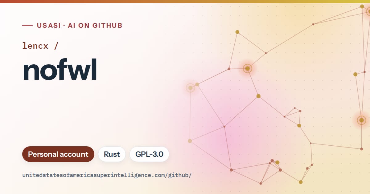 Generated red constellation network artwork for lencx/nofwl, labeled USASI · AI on GitHub, with Personal account · Rust · GPL-3.0.