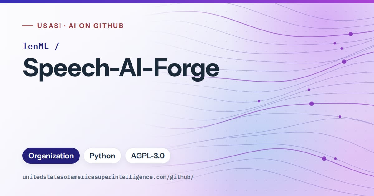 Generated blue flowing-wave artwork for lenML/Speech-AI-Forge, labeled USASI · AI on GitHub, with Organization · Python · AGPL-3.0.