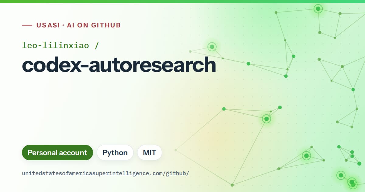 Generated green constellation network artwork for leo-lilinxiao/codex-autoresearch, labeled USASI · AI on GitHub, with Personal account · Python · MIT.