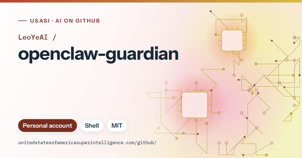 Generated red circuit-trace artwork for LeoYeAI/openclaw-guardian, labeled USASI · AI on GitHub, with Personal account · Shell · MIT.