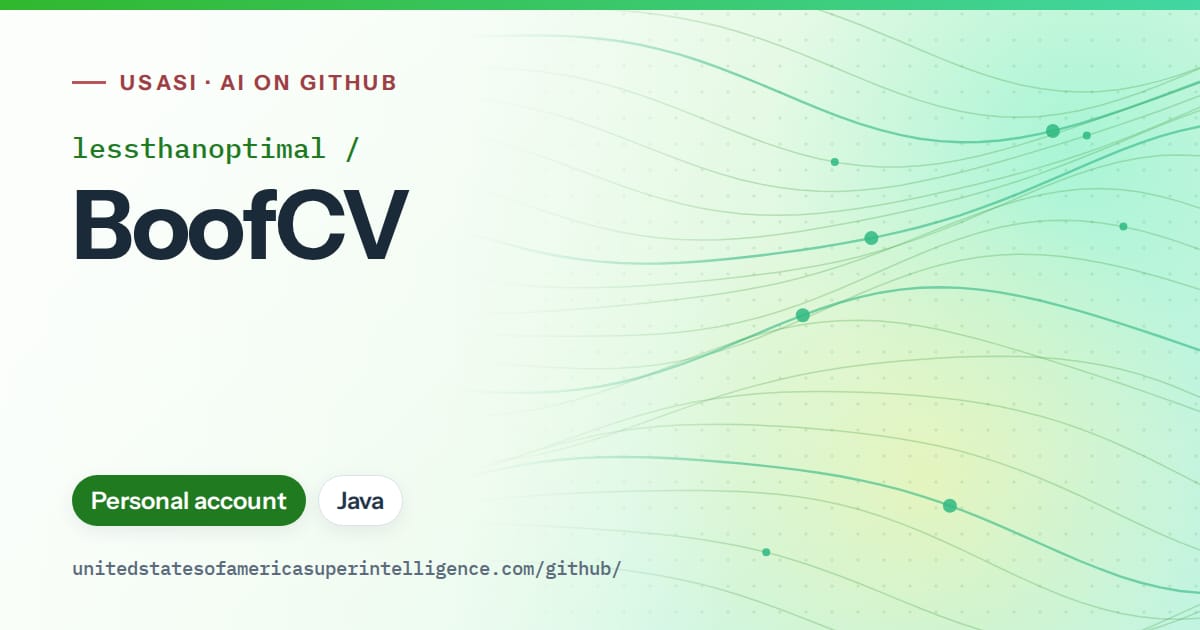 Generated green flowing-wave artwork for lessthanoptimal/BoofCV, labeled USASI · AI on GitHub, with Personal account · Java.