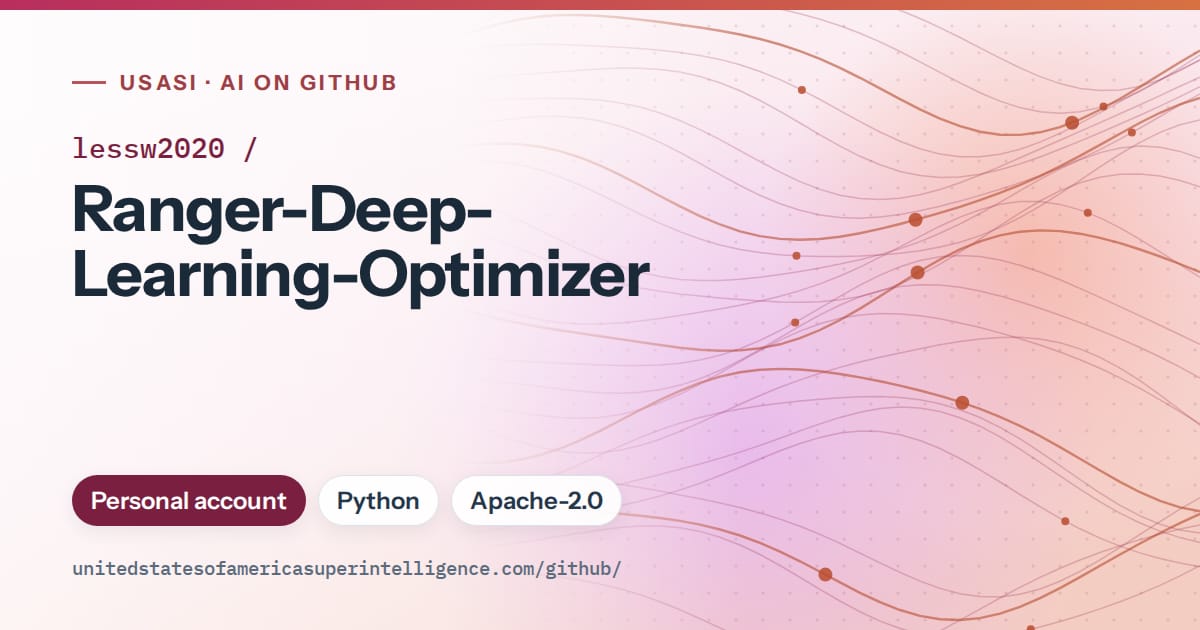 Generated pink flowing-wave artwork for lessw2020/Ranger-Deep-Learning-Optimizer, labeled USASI · AI on GitHub, with Personal account · Python · Apache-2.0.