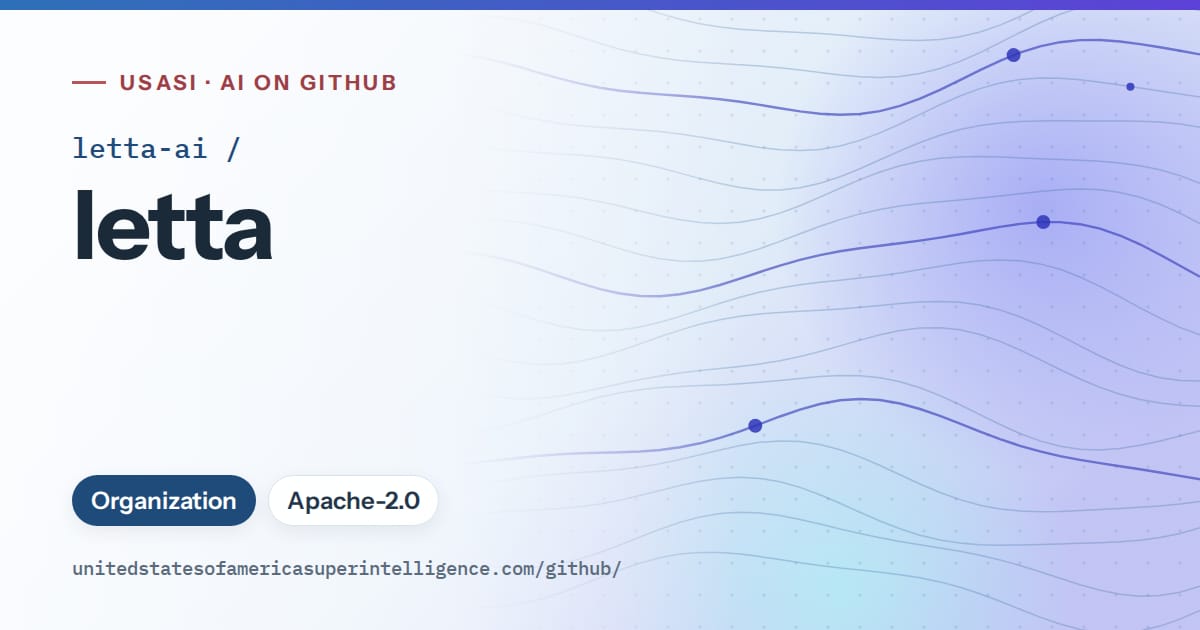 Generated sky blue flowing-wave artwork for letta-ai/letta, labeled USASI · AI on GitHub, with Organization · Apache-2.0.