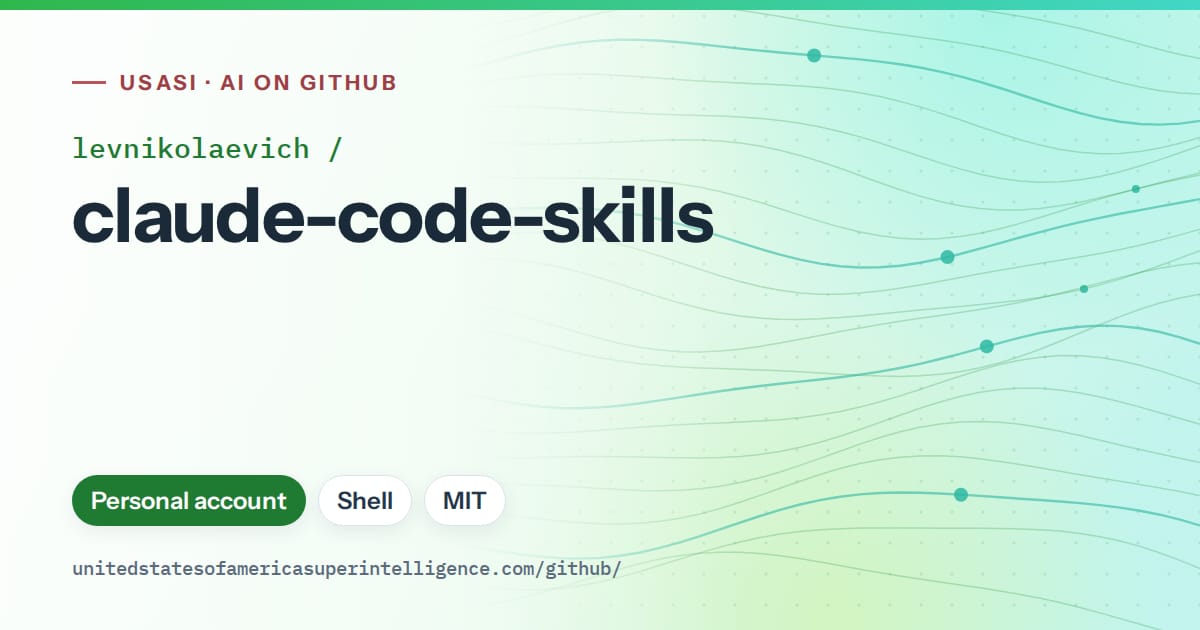 Generated green flowing-wave artwork for levnikolaevich/claude-code-skills, labeled USASI · AI on GitHub, with Personal account · Shell · MIT.