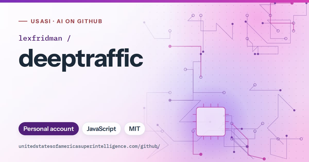 Generated violet circuit-trace artwork for lexfridman/deeptraffic, labeled USASI · AI on GitHub, with Personal account · JavaScript · MIT.