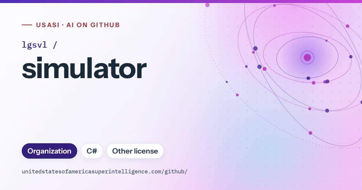 Generated violet orbit artwork for lgsvl/simulator, labeled USASI · AI on GitHub, with Organization · C# · Other license.