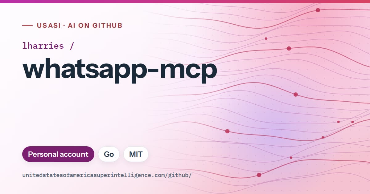 Generated purple flowing-wave artwork for lharries/whatsapp-mcp, labeled USASI · AI on GitHub, with Personal account · Go · MIT.