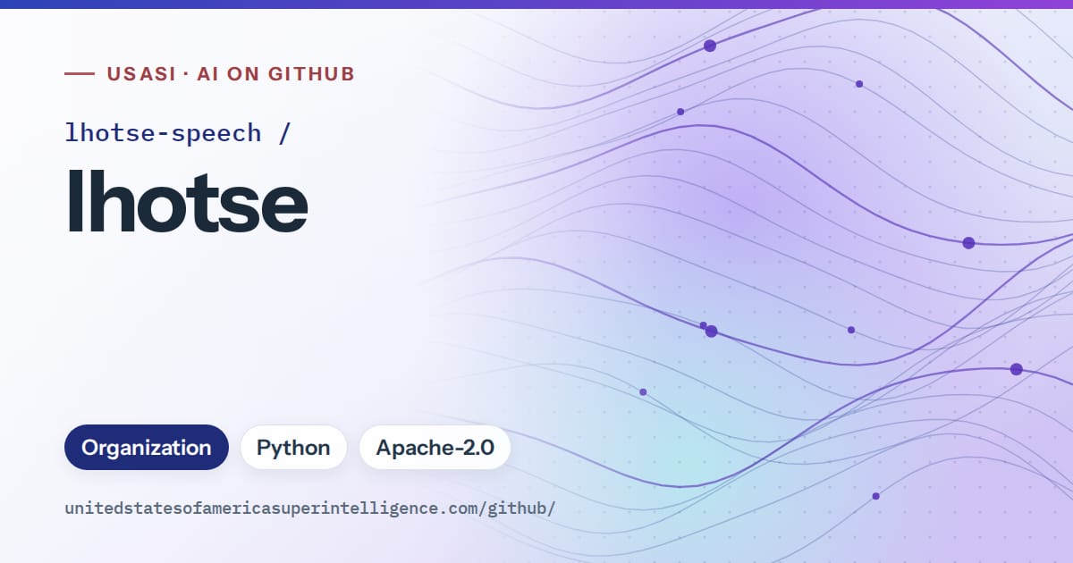 Generated blue flowing-wave artwork for lhotse-speech/lhotse, labeled USASI · AI on GitHub, with Organization · Python · Apache-2.0.