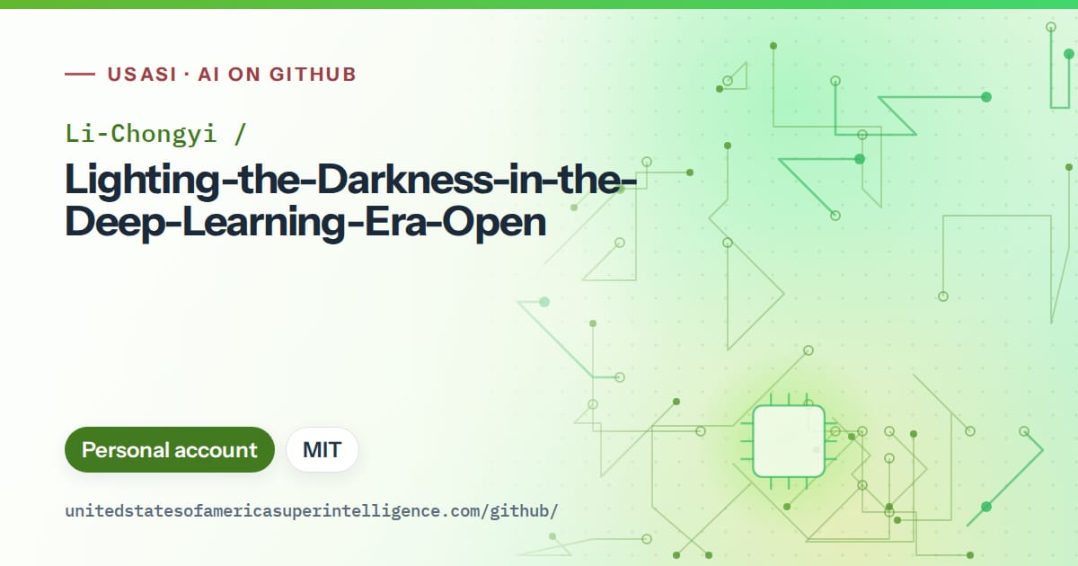 Generated green circuit-trace artwork for Li-Chongyi/Lighting-the-Darkness-in-the-Deep-Learning-Era-Open, labeled USASI · AI on GitHub, with Personal account · MIT.