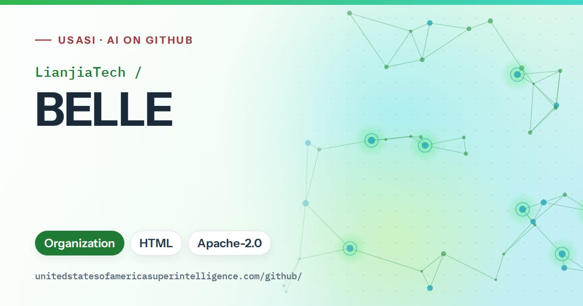 Generated green constellation network artwork for LianjiaTech/BELLE, labeled USASI · AI on GitHub, with Organization · HTML · Apache-2.0.
