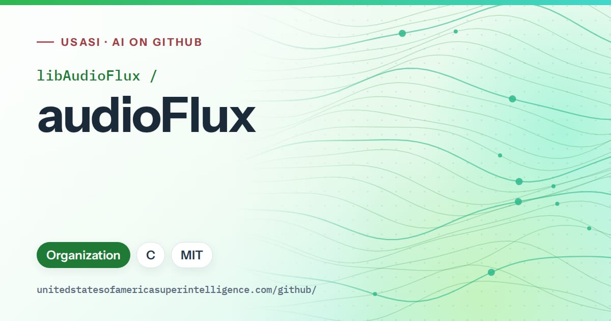 Generated green flowing-wave artwork for libAudioFlux/audioFlux, labeled USASI · AI on GitHub, with Organization · C · MIT.