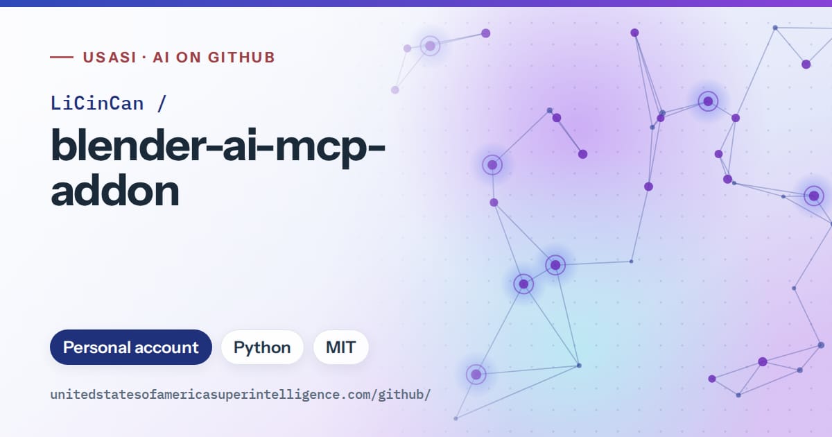 Generated blue constellation network artwork for LiCinCan/blender-ai-mcp-addon, labeled USASI · AI on GitHub, with Personal account · Python · MIT.