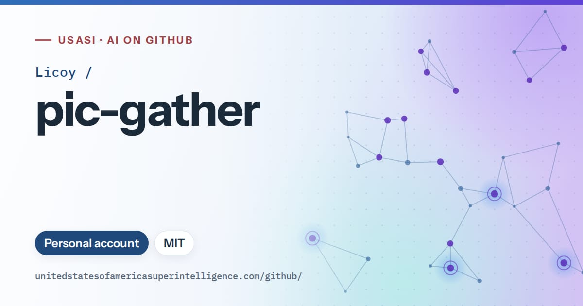 Generated sky blue constellation network artwork for Licoy/pic-gather, labeled USASI · AI on GitHub, with Personal account · MIT.