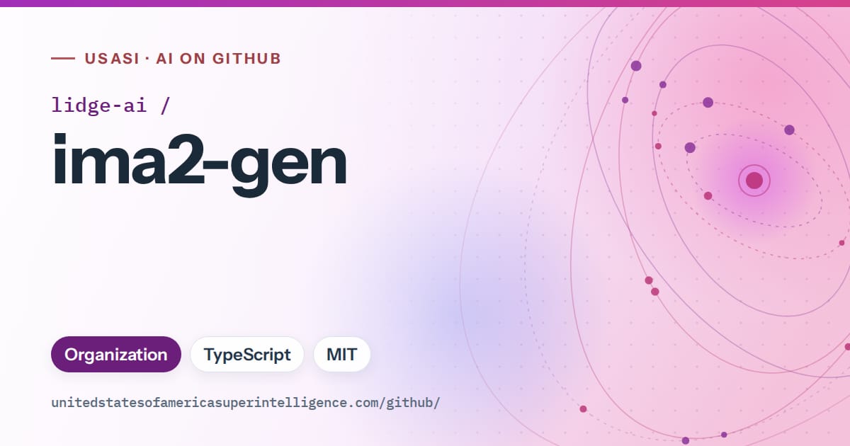Generated purple orbit artwork for lidge-ai/ima2-gen, labeled USASI · AI on GitHub, with Organization · TypeScript · MIT.