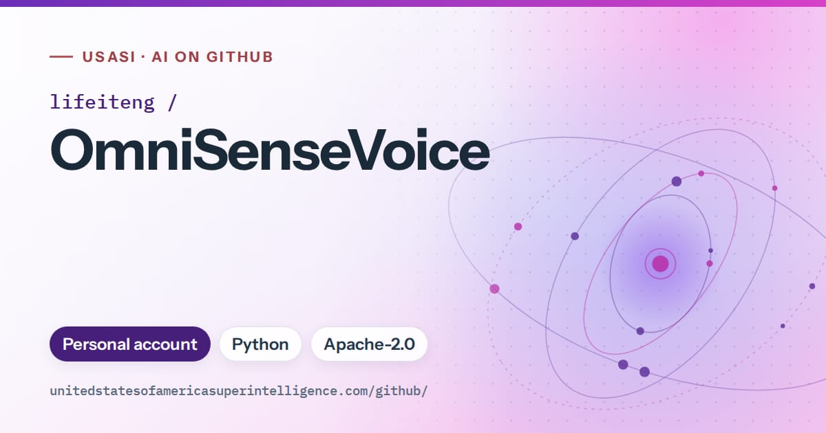 Generated violet orbit artwork for lifeiteng/OmniSenseVoice, labeled USASI · AI on GitHub, with Personal account · Python · Apache-2.0.
