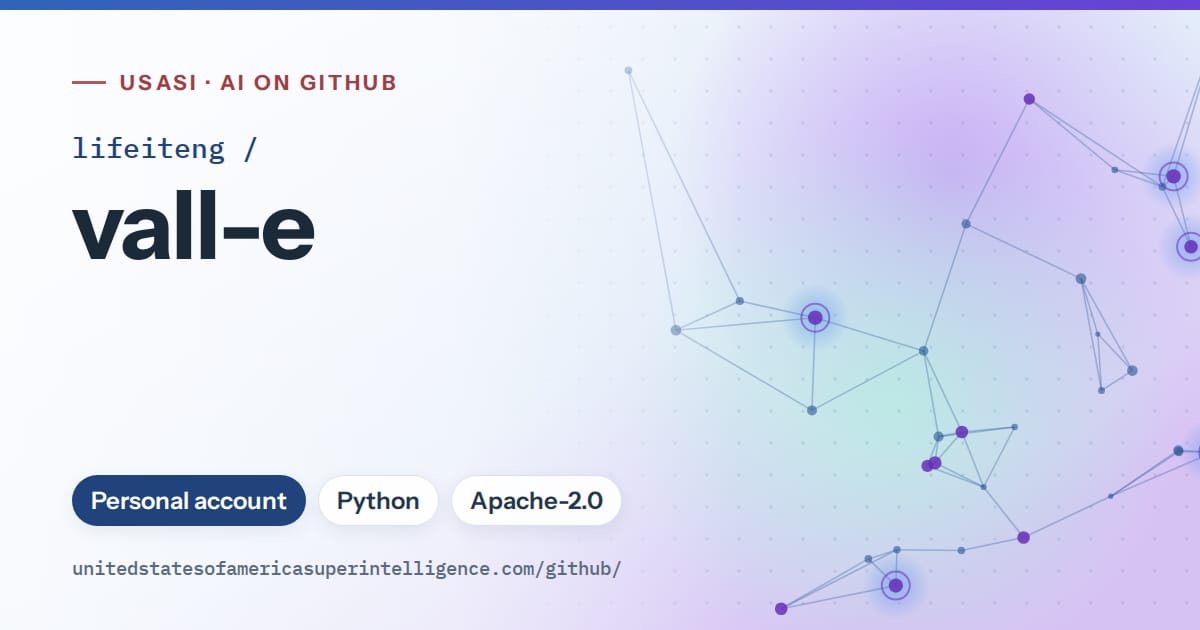 Generated blue constellation network artwork for lifeiteng/vall-e, labeled USASI · AI on GitHub, with Personal account · Python · Apache-2.0.