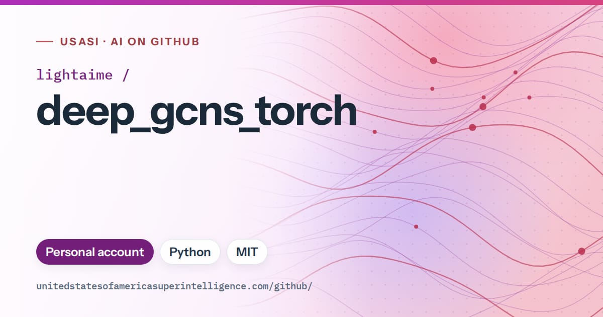 Generated purple flowing-wave artwork for lightaime/deep_gcns_torch, labeled USASI · AI on GitHub, with Personal account · Python · MIT.