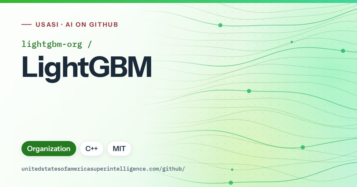Generated green flowing-wave artwork for lightgbm-org/LightGBM, labeled USASI · AI on GitHub, with Organization · C++ · MIT.