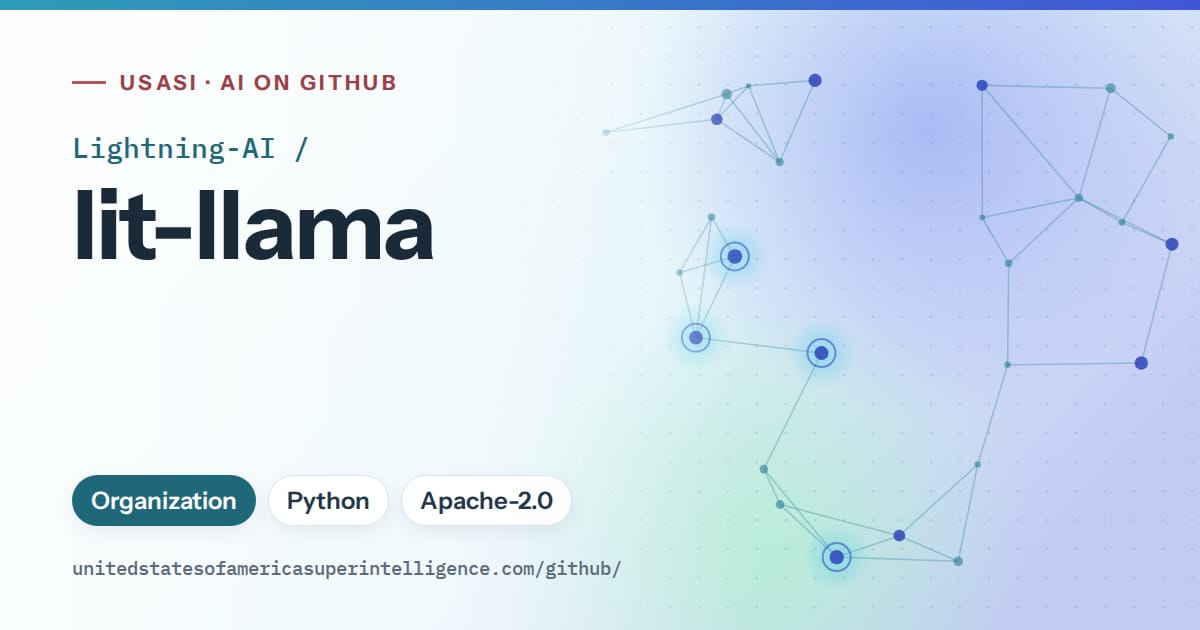 Generated sky blue constellation network artwork for Lightning-AI/lit-llama, labeled USASI · AI on GitHub, with Organization · Python · Apache-2.0.