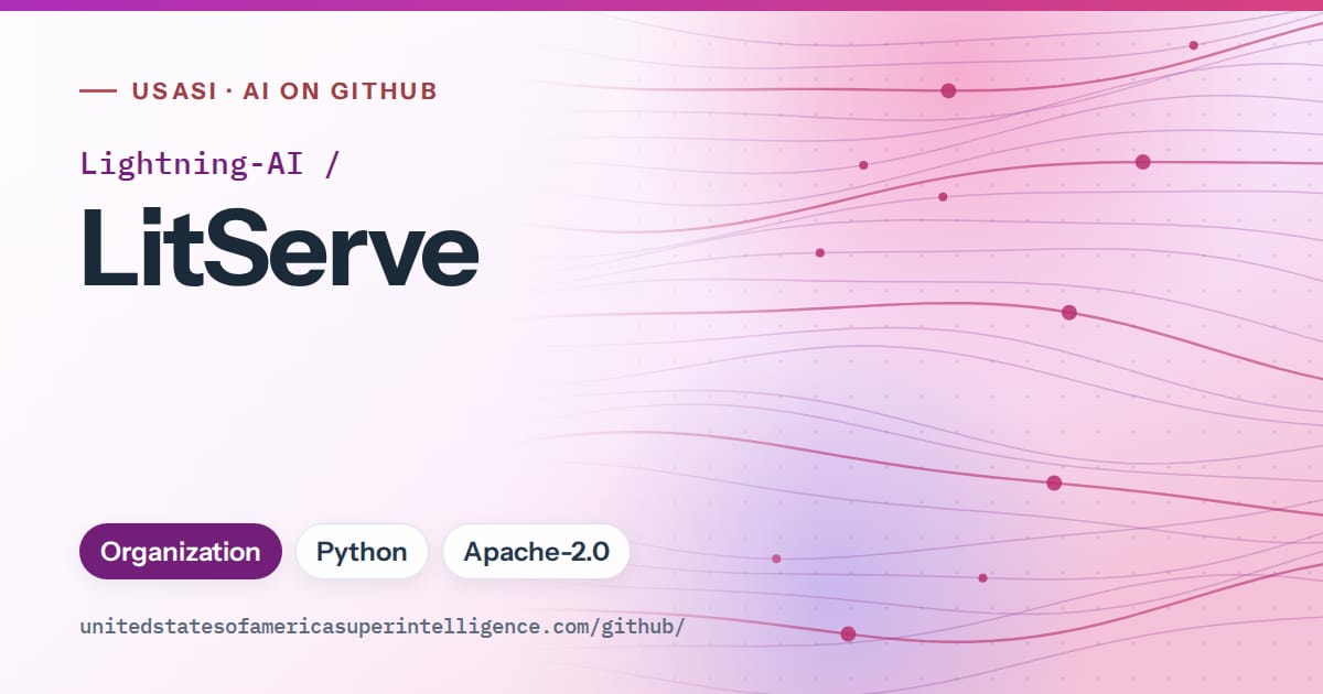 Generated purple flowing-wave artwork for Lightning-AI/LitServe, labeled USASI · AI on GitHub, with Organization · Python · Apache-2.0.