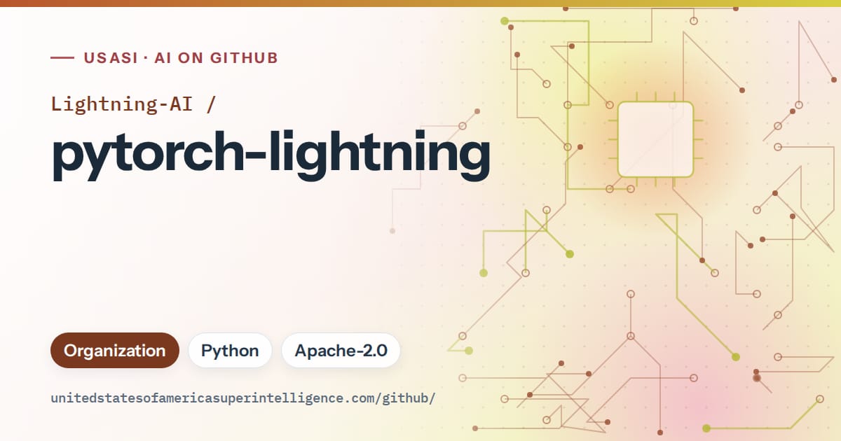 Generated orange circuit-trace artwork for Lightning-AI/pytorch-lightning, labeled USASI · AI on GitHub, with Organization · Python · Apache-2.0.