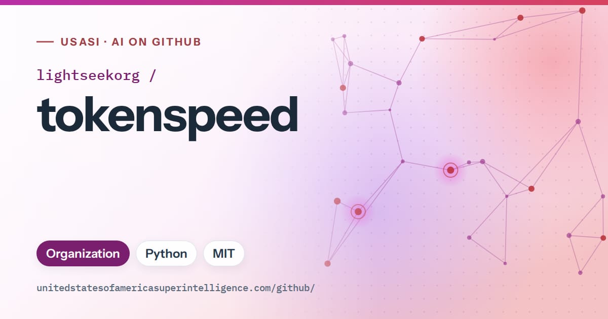Generated purple constellation network artwork for lightseekorg/tokenspeed, labeled USASI · AI on GitHub, with Organization · Python · MIT.