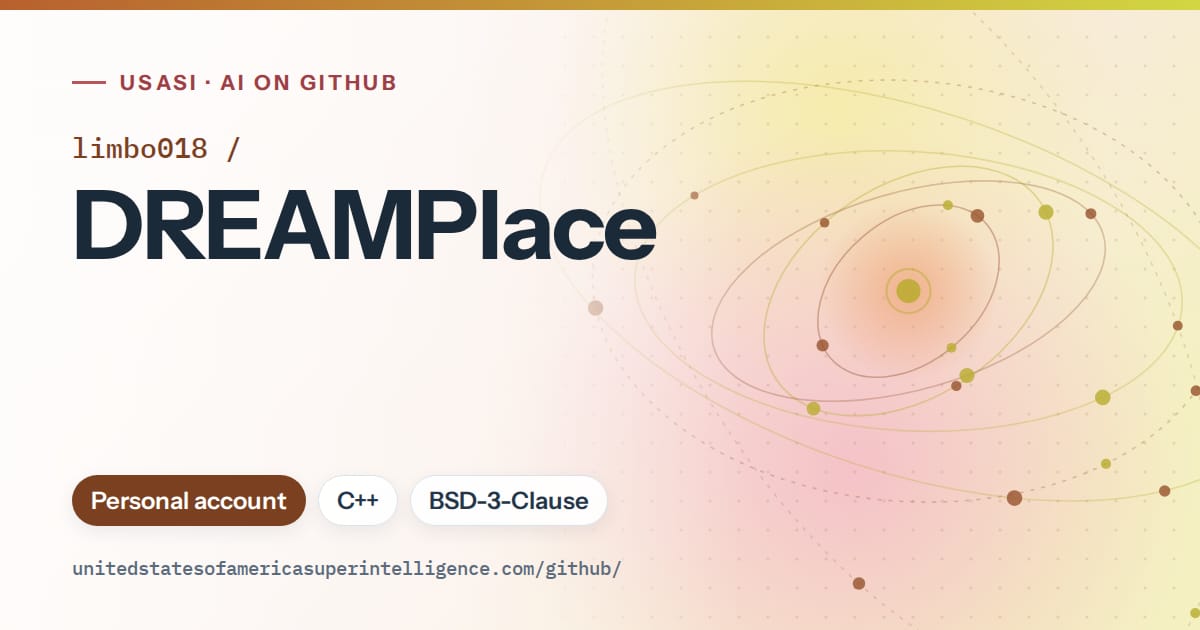 Generated orange orbit artwork for limbo018/DREAMPlace, labeled USASI · AI on GitHub, with Personal account · C++ · BSD-3-Clause.