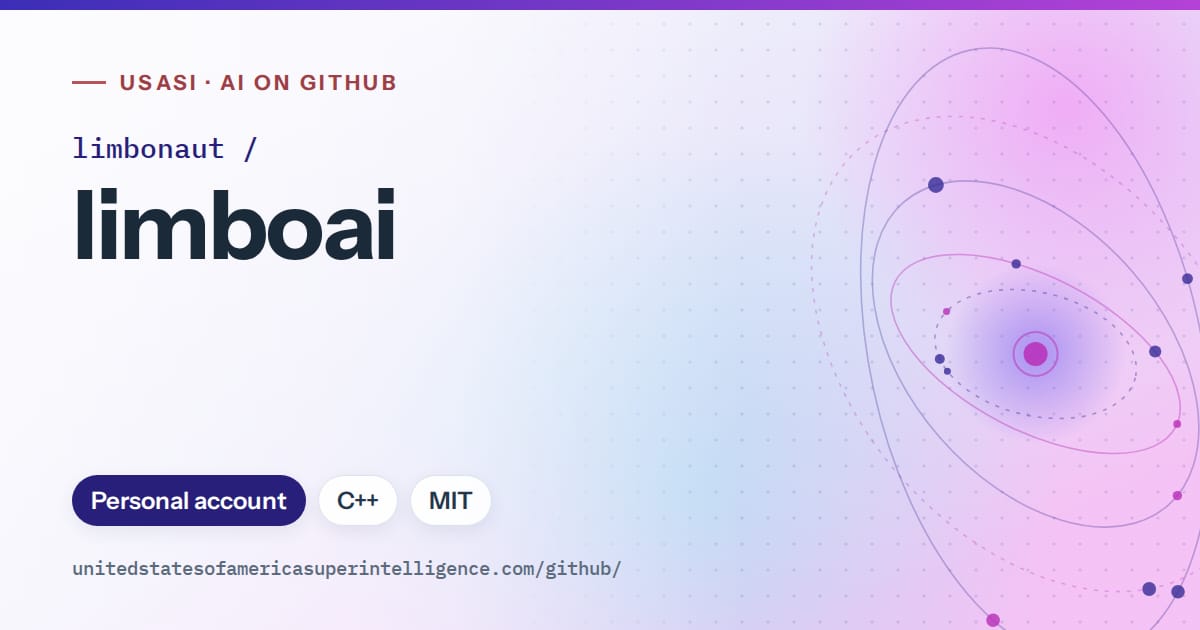 Generated blue orbit artwork for limbonaut/limboai, labeled USASI · AI on GitHub, with Personal account · C++ · MIT.