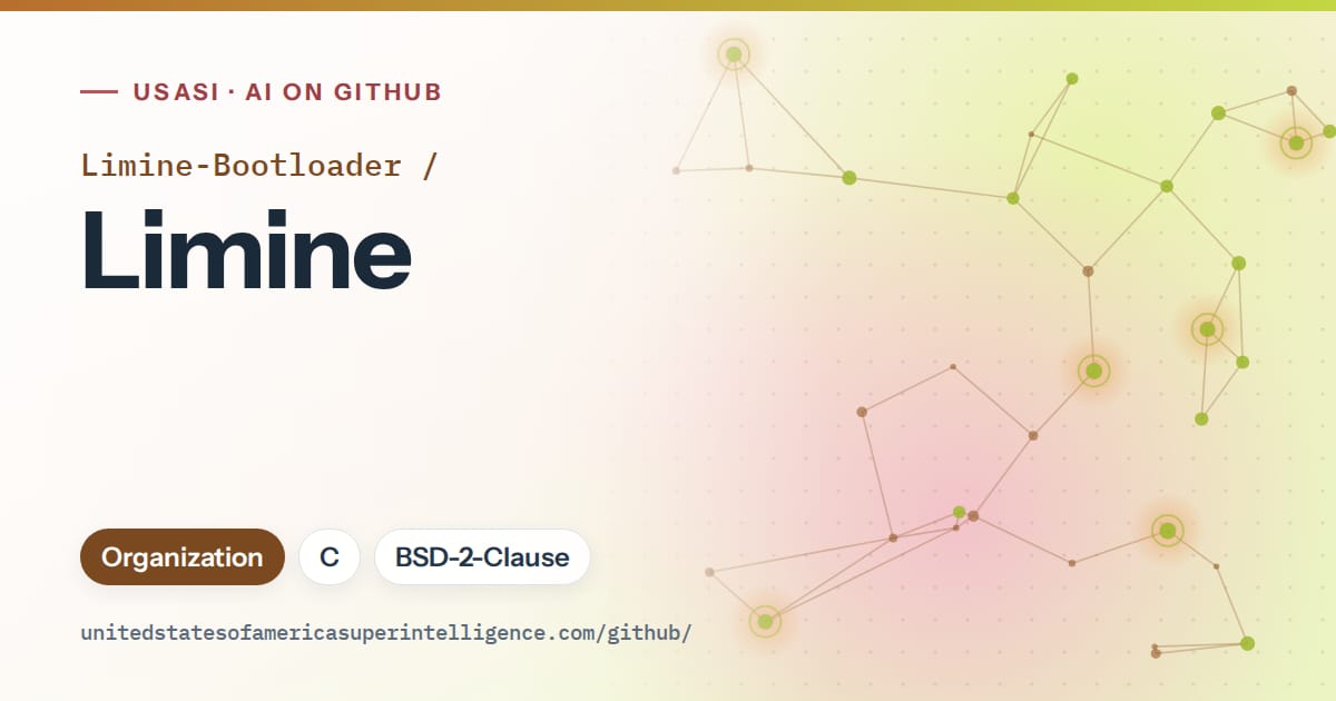 Generated orange constellation network artwork for Limine-Bootloader/Limine, labeled USASI · AI on GitHub, with Organization · C · BSD-2-Clause.