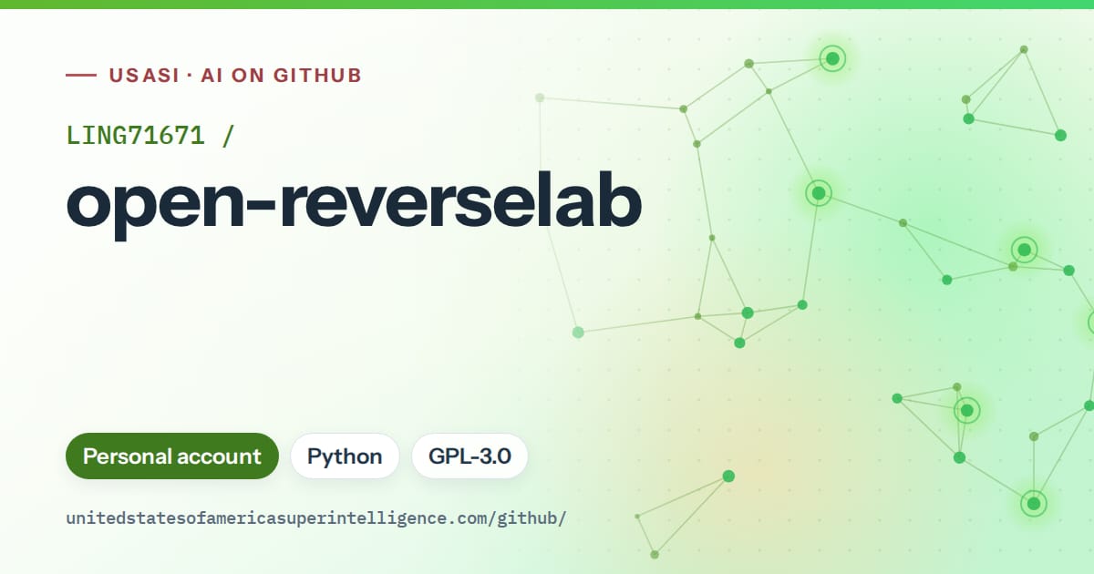 Generated green constellation network artwork for LING71671/open-reverselab, labeled USASI · AI on GitHub, with Personal account · Python · GPL-3.0.